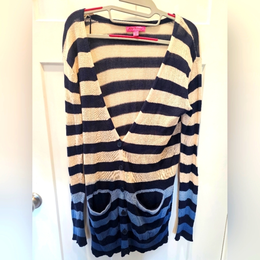 Betsey Johnson Striped Cardigan Sweater Women’s XS Navy Blue Cream Cotton